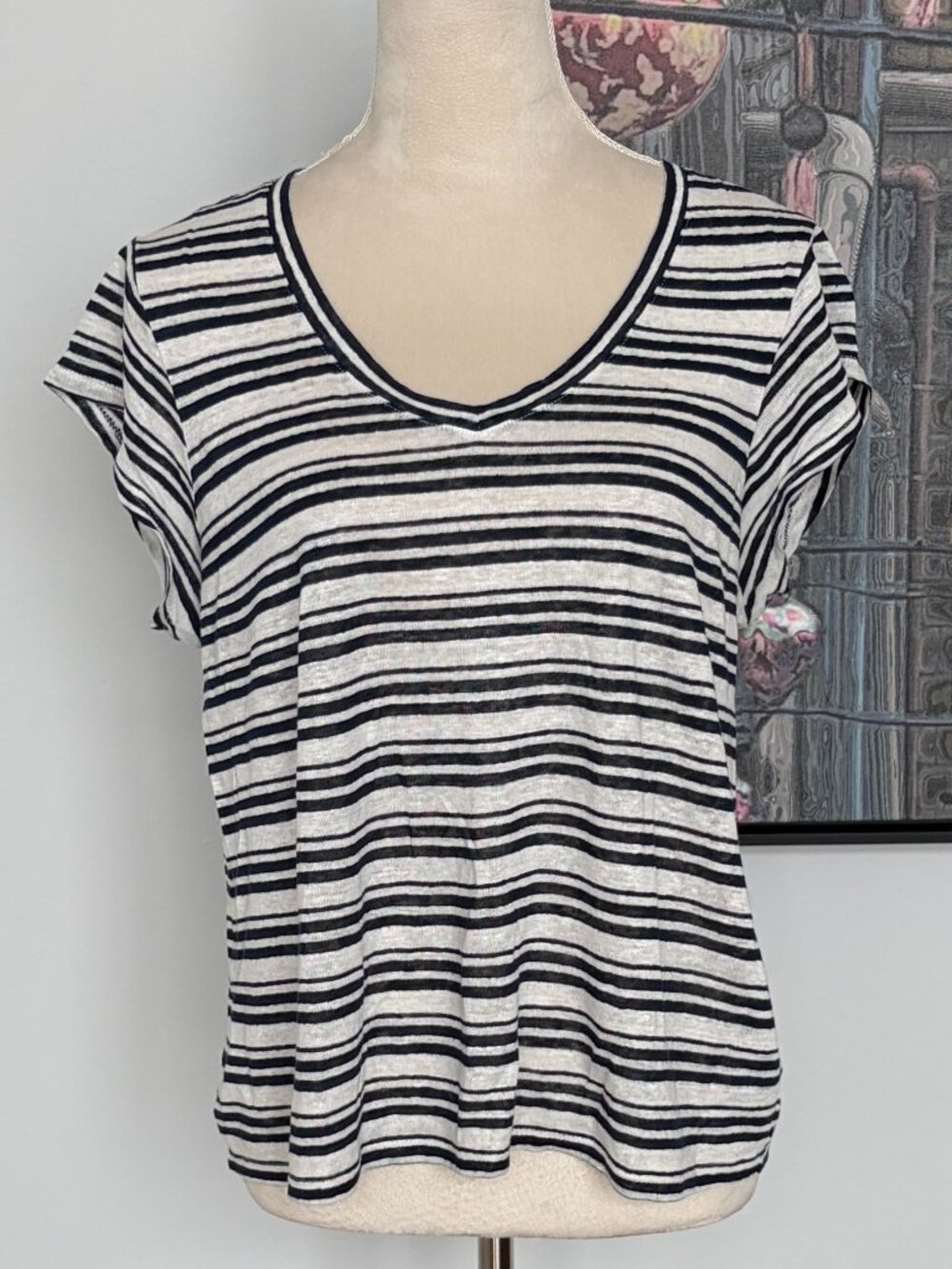 Tahari Blue/Cream Striped Linen Shirt L